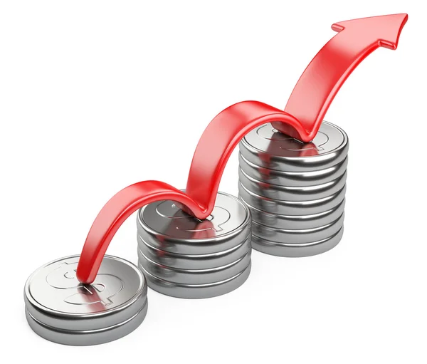 Seta vermelha para cima e diagrama gráfico de barras de moedas de dólar de prata — Fotografia de Stock