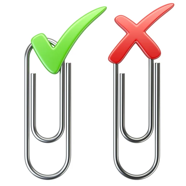 Paper clip with positiv and negative check sign. — Stock Photo, Image