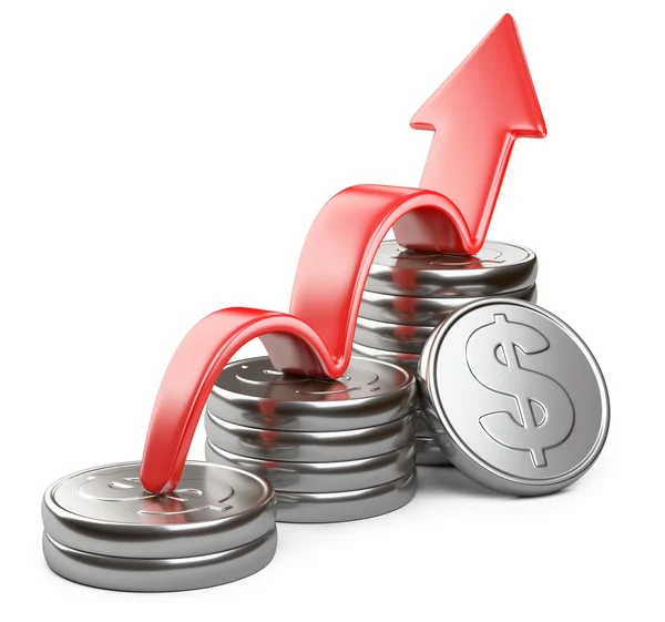 Red arrow up and bar chart diagram of silver dollar coins — Stock Photo, Image