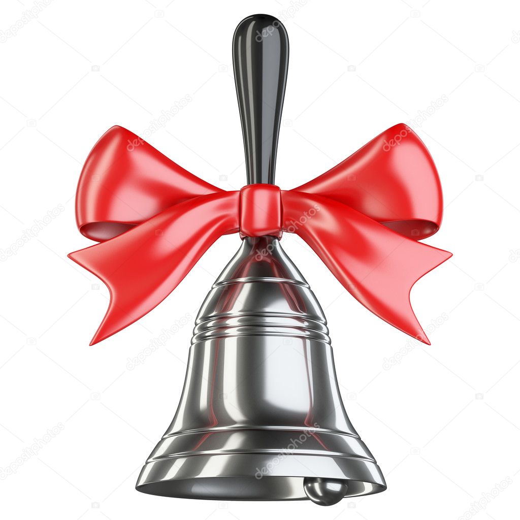 Silver school bell with red ribbon and bow.