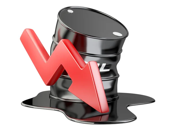 Hajlított hordó, a kiömlött olaj és a diagram a nyíl lefelé. pénzügyi válság. — Stock Fotó