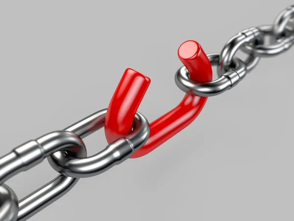 Kırmızı brooken bağlantı ile çelik zincir — Stok fotoğraf
