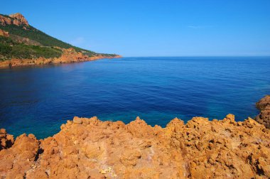 Denizin taşlı manzarası. Koyda berrak mavi su.