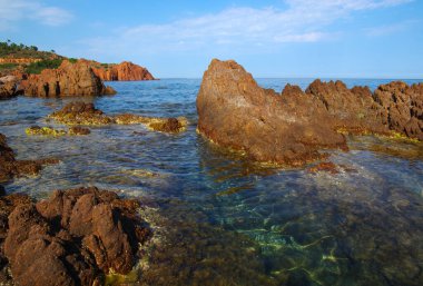 Denizin taşlı manzarası. Koyda berrak mavi su.