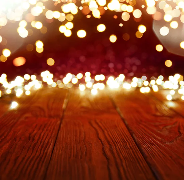 Tło Złotym Bokeh Pusty Drewniany Stół Lampką Świąteczną — Zdjęcie stockowe