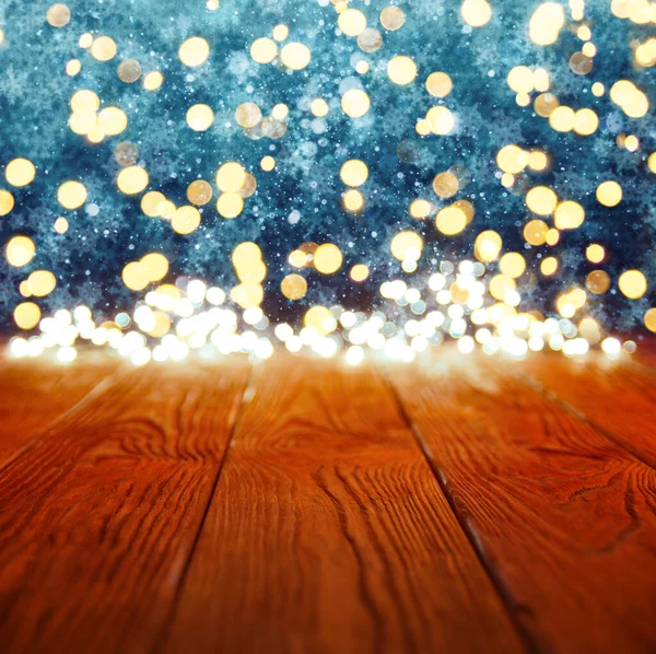 Background Golden Bokeh Empty Wooden Table Christmas Light — Stock Photo, Image