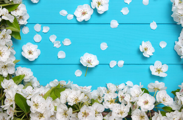 Spring flowers on wooden background.