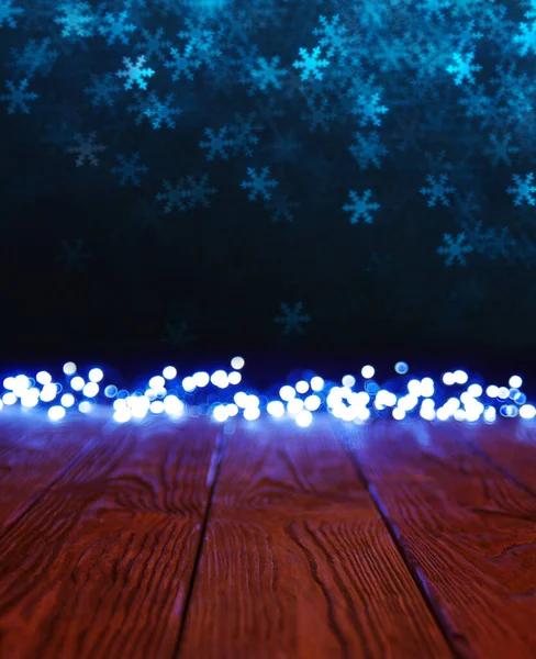 Background Golden Bokeh Empty Wooden Table Christmas Light — Stock Photo, Image