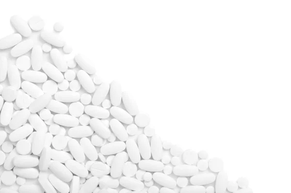 Verschiedene Pillen Makro Auf Weißem Hintergrund Draufsicht — Stockfoto