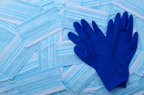 Masker Latex Medische Handschoenen Blauwe Achtergrond — Stockfoto