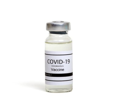 COVID-19 aşı ampulü beyaz arka planda izole edildi. Coronavirus. Temiz cam ilaç şişesi..  