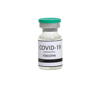 COVID-19 aşı ampulü beyaz arka planda izole edildi. Coronavirus. Temiz cam ilaç şişesi..  