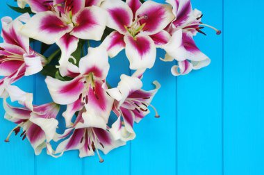  Turkuazda taze bahar çiçekleri boyalı ahşap tahtalar