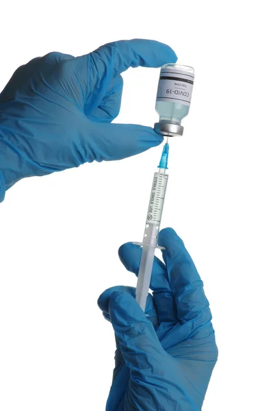 白地にワクチンを隔離した注射器を手に持つ医師 予防接種 予防接種 感染症への治療 Covy コロナウイルス2019 Ncov — ストック写真