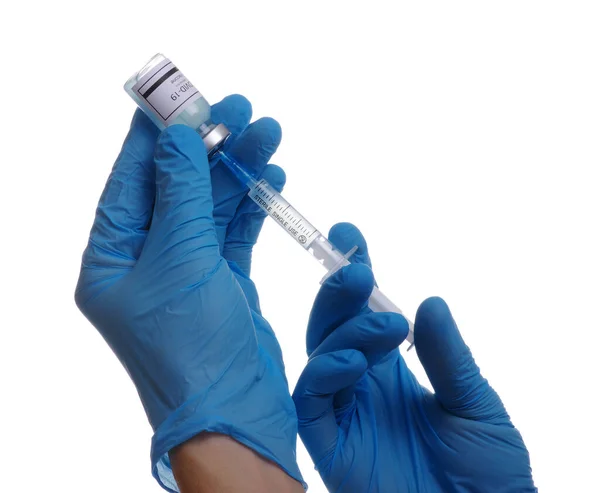 白地にワクチンを隔離した注射器を手に持つ医師 予防接種 予防接種 感染症への治療 Covy コロナウイルス2019 Ncov — ストック写真