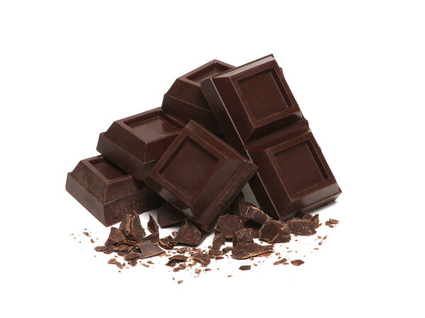 broken bar of dark chocolate isolated on white 