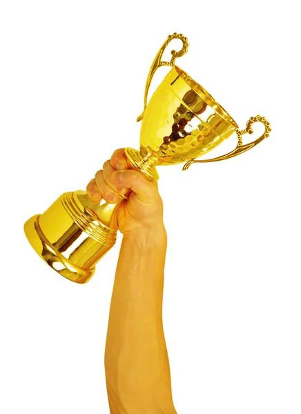 Hand und goldene Trophäe — Stockfoto