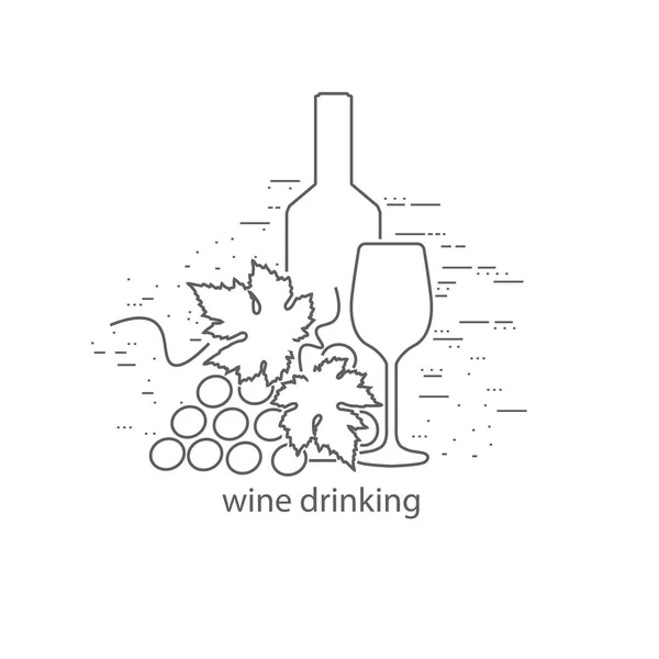 Wine bottle and glass thin flat design — стоковый вектор