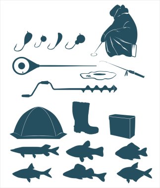 Winter fishing icons clipart