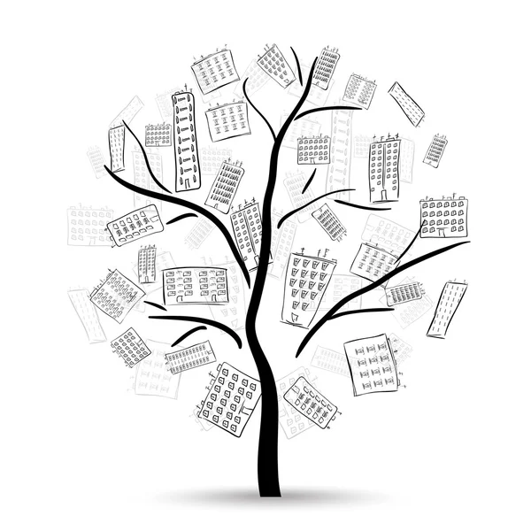 Árbol con casas — Vector de stock