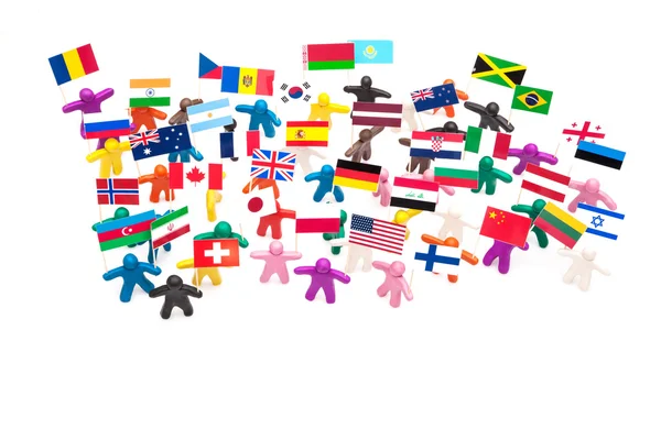 Crowd group of colourful plasticine humans with the various flags — Stock Photo, Image