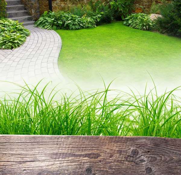 Giardino sentiero in pietra con erba — Foto Stock