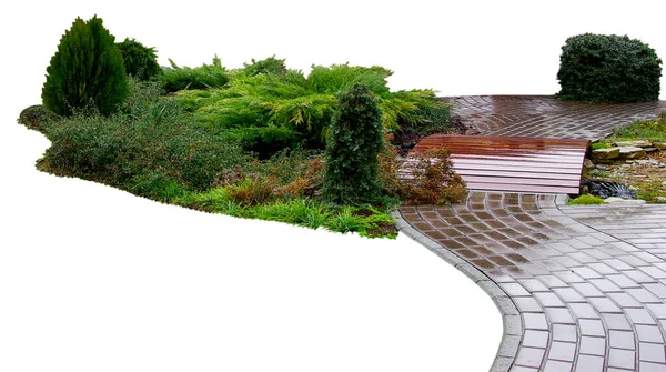 Detail Eines Botanischen Gartens Isoliert Auf Weißem Hintergrund Gartensteinweg Mit Stockbild