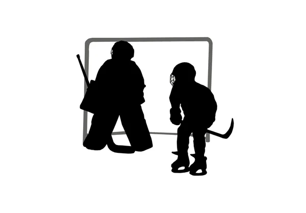Силуэты вратаря и хоккеиста на фоне ворот — стоковое фото