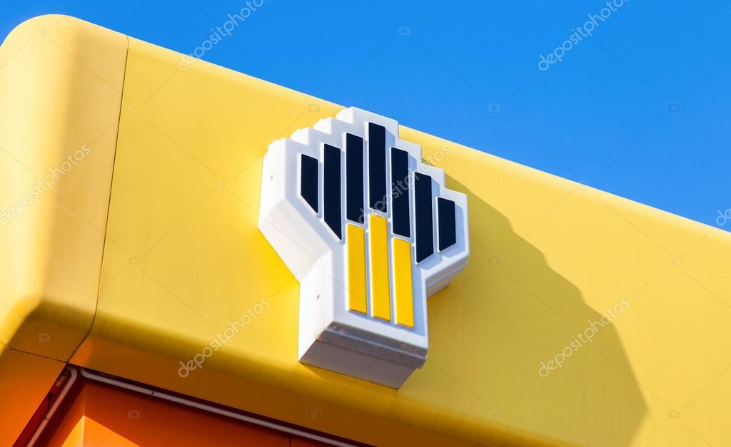 SAMARA, RUSSIA - FEBRUARY 20, 2016: The emblem of the oil company Rosneft on the gas station. Rosneft is one of the largest russian oil companies