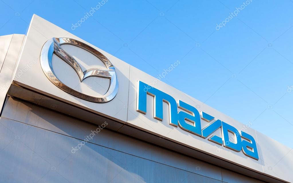 SAMARA, RUSSIA - FEBRUARY 20, 2016: Official dealership sign of Mazda. Mazda Motor Corporation is a Japanese automaker