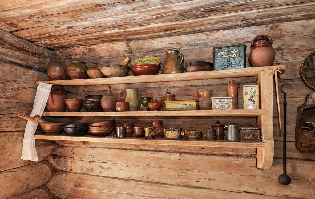 Vintage Wooden Shelf With Old Ceramic, Old Fashioned Shelves