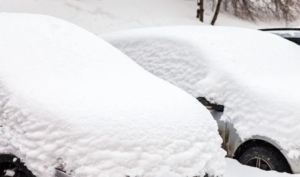 Vehicles covered with snow in the winter blizzard in the parking Royalty Free Stock Images