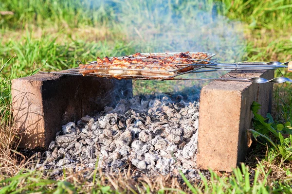 Grill z pyszne mięso z grilla na improwizowanych pieca wykonane — Zdjęcie stockowe