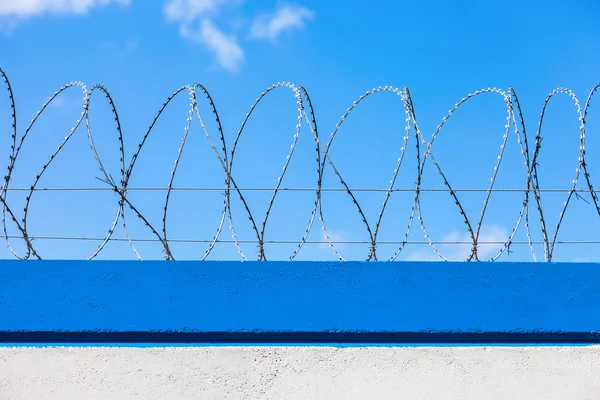 Barbed wire on the fence against a blue sky background — Stock Photo, Image