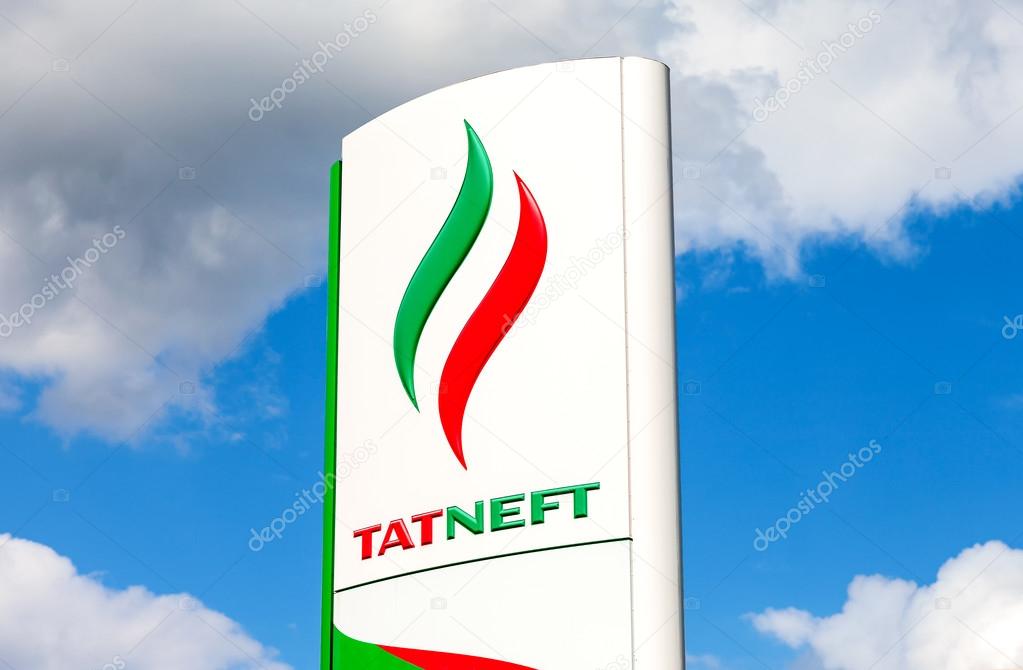 SAMARA, RUSSIA - MAY 22, 2016: Logo of oil company Tatneft against blue sky. Tatneft is one of the russian oil companies