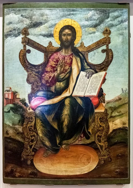 Antyczne rosyjskie prawosławnym icon. Chrystus na tronie malowane na o — Zdjęcie stockowe