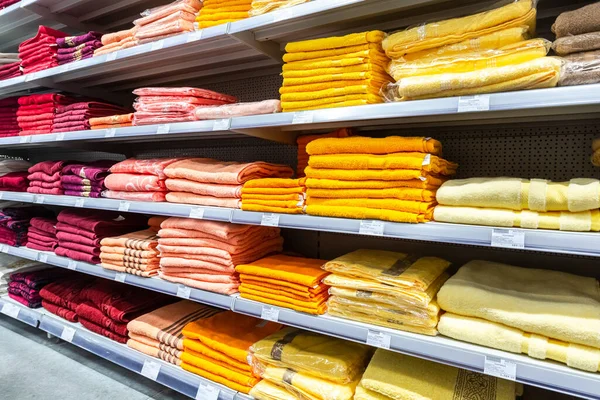 Samara Russia March 2019 Various Colored Towels Ready Sale Shelves — Stock Photo, Image