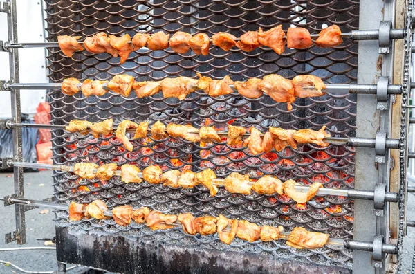 Cottura Appetitosa Grigliata Kebab Spiedini Metallo Shashlik Durante Cottura Sulla — Foto Stock