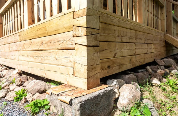 Corner Wooden House Support Stone Foundation — Stock Photo, Image