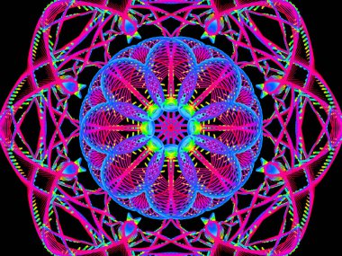 Siyah arkaplan üzerinde soyut fraktal desen. Parlayan neon deseni