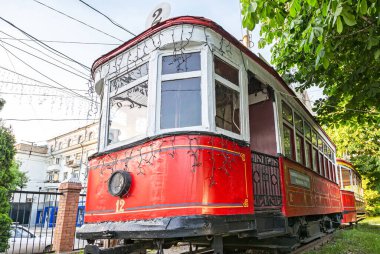 Samara, Rusya - 18 Mayıs 2019: Samara 'daki tramvay müzesinde Retro tramvay
