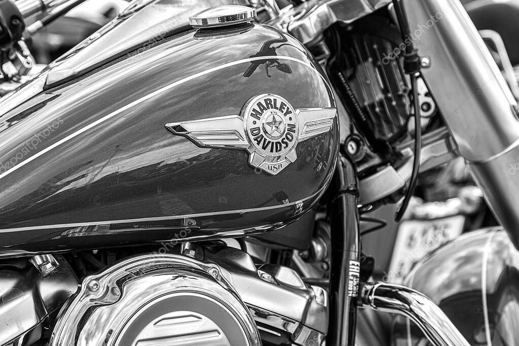Samara, Russia - May 18, 2019: The emblem on the fuel tank of Harley Davidson motorcycle close-up
