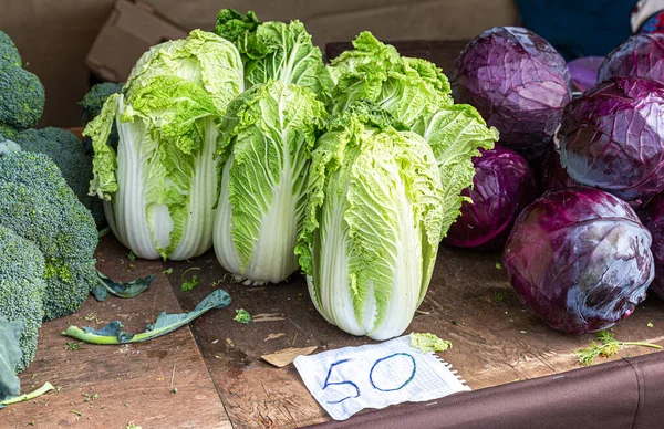 Repolho Chinês Fresco Verde Preparado Para Venda Mercado Local Agricultores — Fotografia de Stock