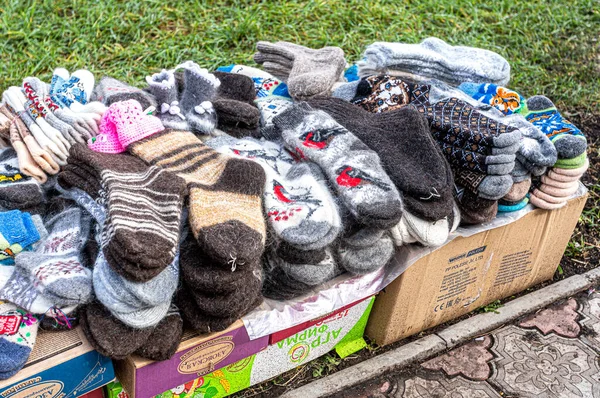 Warme Wintersocken Aus Wolle Verschiedenen Größen Und Farben Handgemachte Wollsocken — Stockfoto