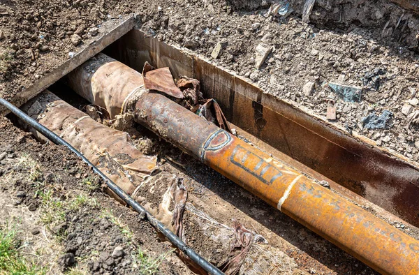 Repair Replacement Underground Communications City Street Replacement Pipes Heating Main — Stock Photo, Image