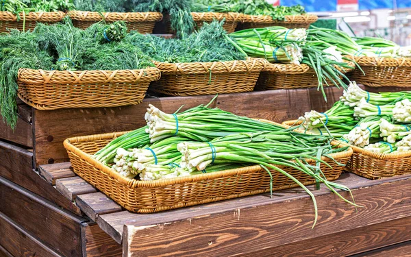 Cebolas Verdes Frescas Outras Ervas Verdes São Vendidas Supermercado Legumes — Fotografia de Stock
