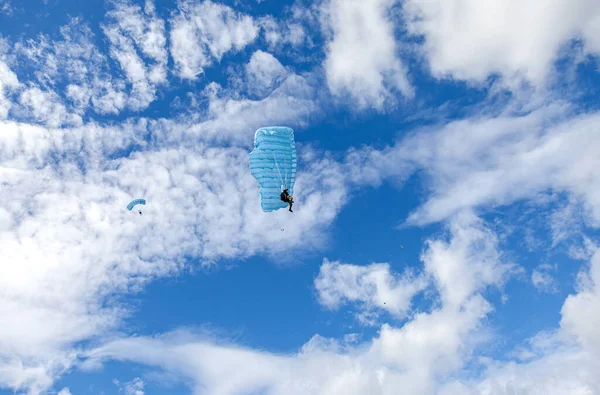 Parachute Jumpers Een Blauwe Vleugel Parachute Een Blauwe Lucht Achtergrond — Stockfoto