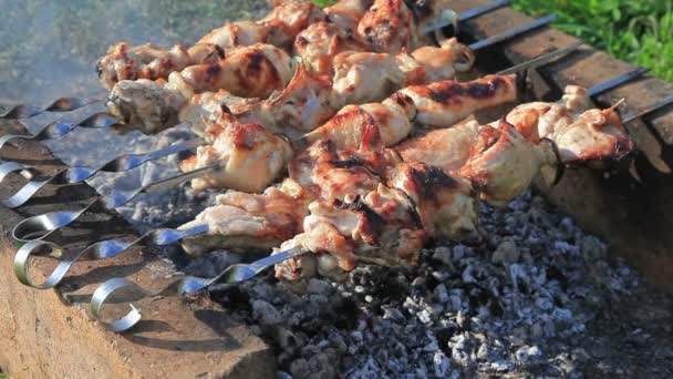 Grillen mit leckerem Grillfleisch auf dem Grill — Stockvideo