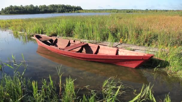 Summer's lake scenery with old wooden boat — Stock Video