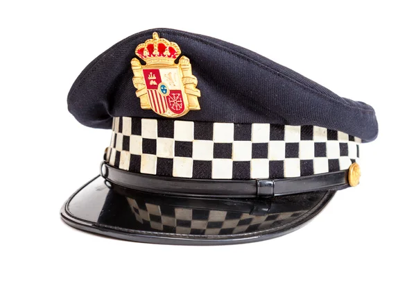 Gorra de pico del policía español sobre fondo blanco — Foto de Stock